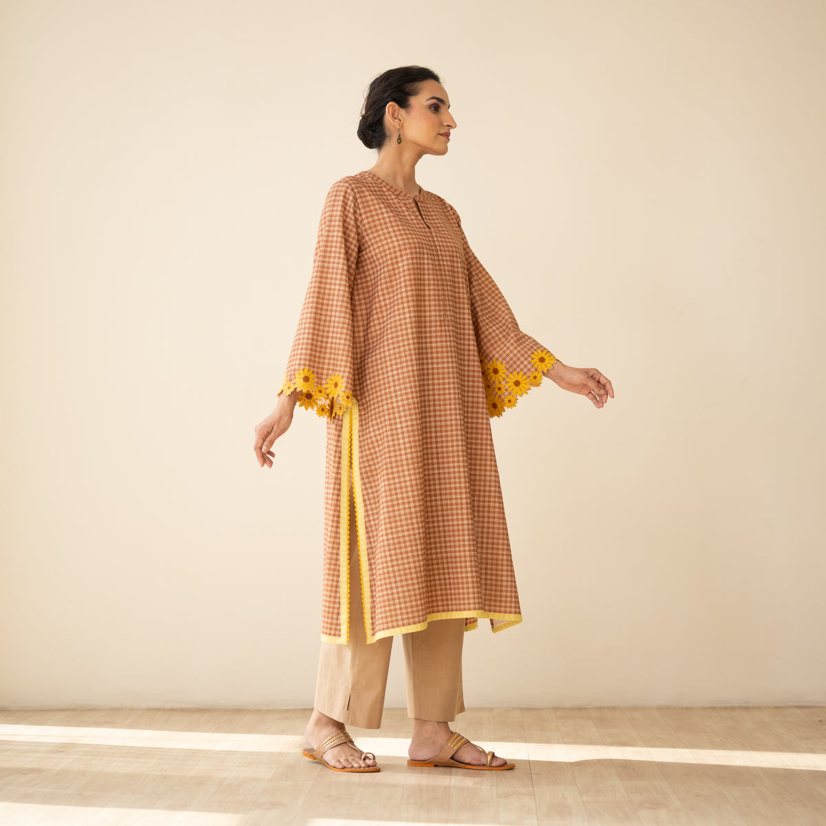 Sunflower Embroidered Linen Cotton Kurta - Hazelnut Brown