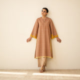 Sunflower Embroidered Linen Cotton Kurta - Hazelnut Brown