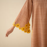 Sunflower Embroidered Linen Cotton Kurta - Hazelnut Brown
