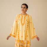 Mehak Embroidered Linen Cotton Farshi Coord Set - Mango Yellow