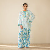 Mehak Embroidered Linen Cotton Farshi Coord Set - Blue Lagoon