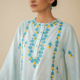 Mehak Embroidered Linen Cotton Farshi Coord Set - Blue Lagoon