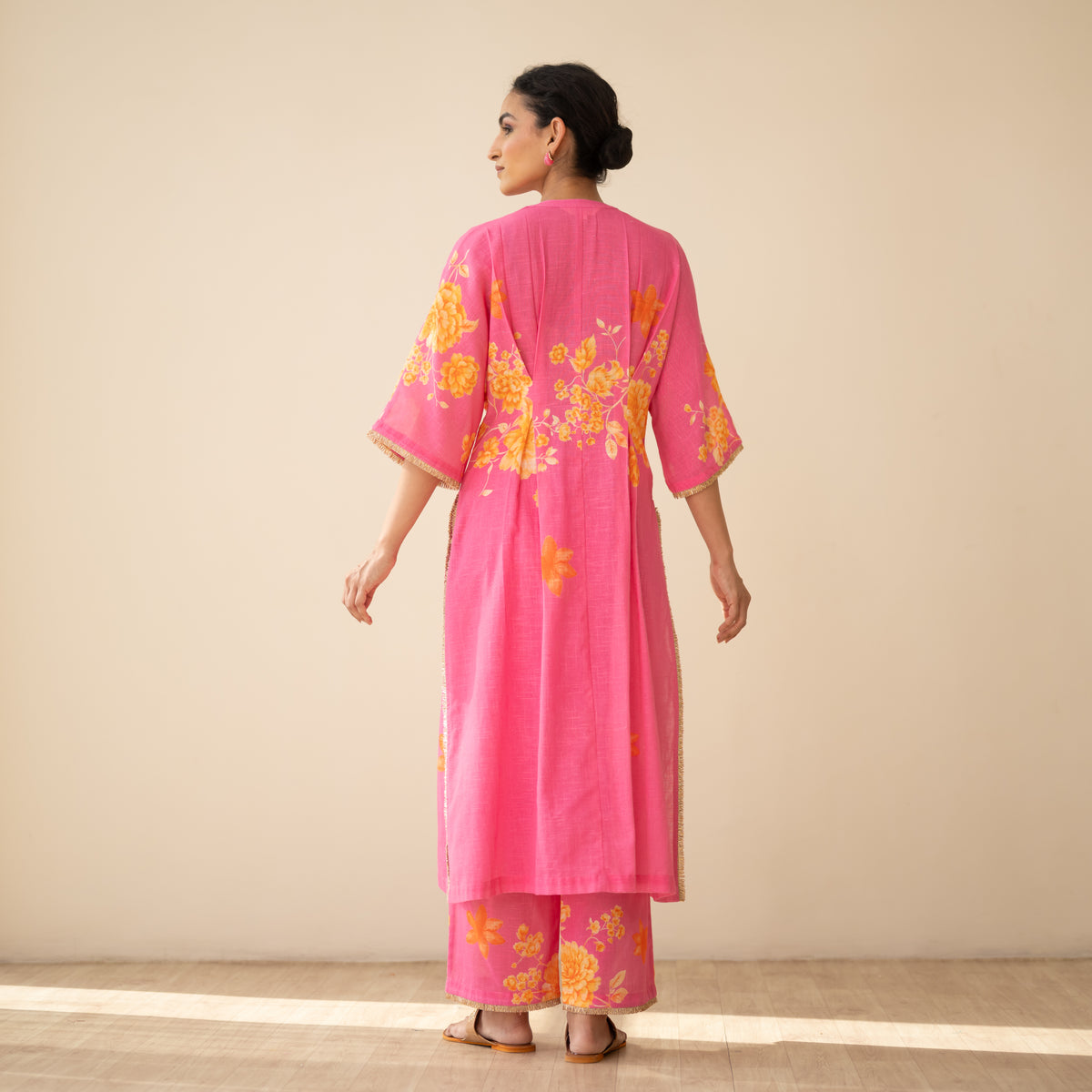 Sakura Hand Embroidered Festive Cotton Slub Kurta Set - Bubblegum Pink