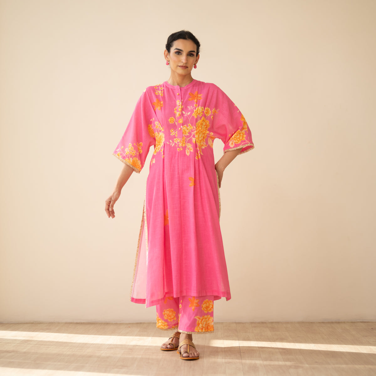 Sakura Hand Embroidered Festive Cotton Slub Kurta Set - Bubblegum Pink