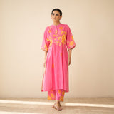 Sakura Hand Embroidered Festive Cotton Slub Kurta Set - Bubblegum Pink