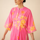 Sakura Hand Embroidered Festive Cotton Slub Kurta Set - Bubblegum Pink