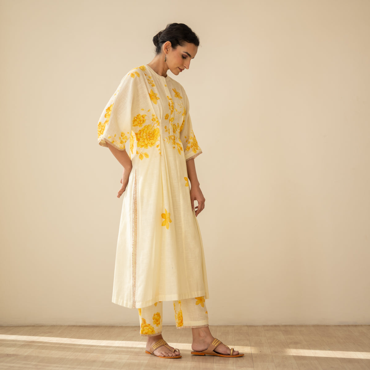 Sakura Hand Embroidered Festive Cotton Slub Kurta Set - Butter Yellow