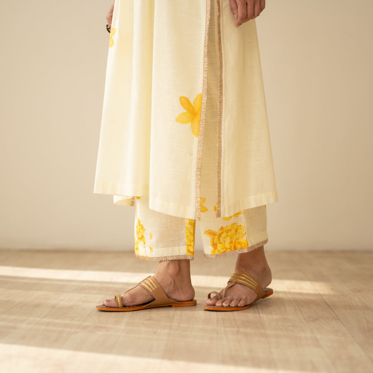 Sakura Hand Embroidered Festive Cotton Slub Kurta Set - Butter Yellow