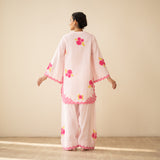 Rose Embroidered Linen Cotton Farshi Coord Set - Soft Pink