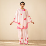 Rose Embroidered Linen Cotton Farshi Coord Set - Soft Pink