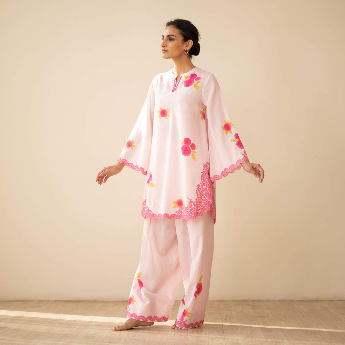 Rose Embroidered Linen Cotton Farshi Coord Set - Soft Pink