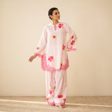 Rose Embroidered Linen Cotton Farshi Coord Set - Soft Pink