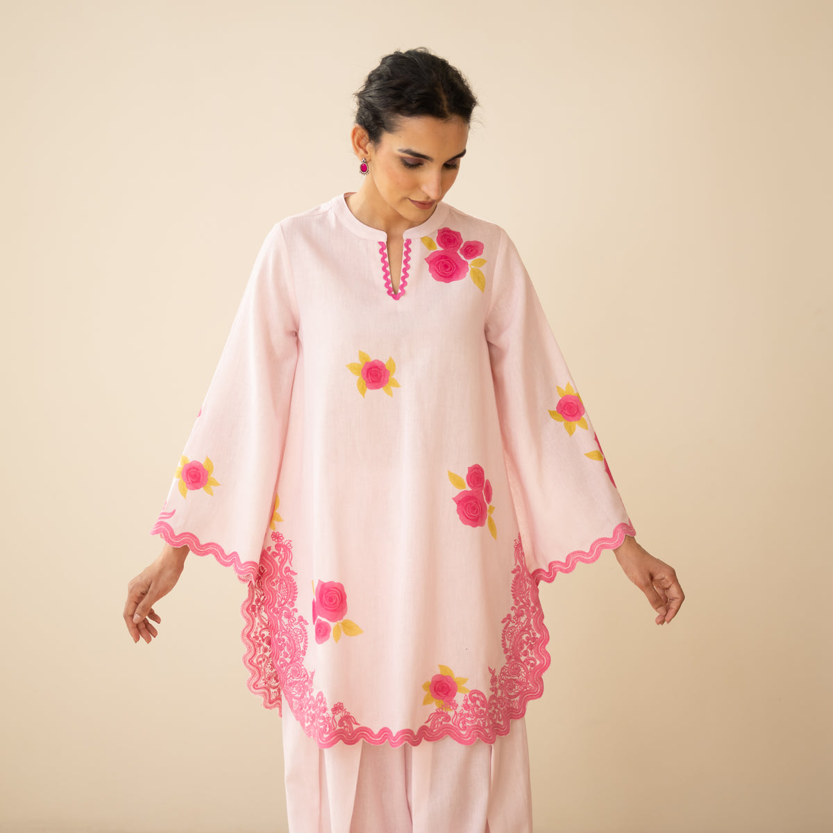 Rose Embroidered Linen Cotton Farshi Coord Set - Soft Pink