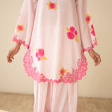 Rose Embroidered Linen Cotton Farshi Coord Set - Soft Pink