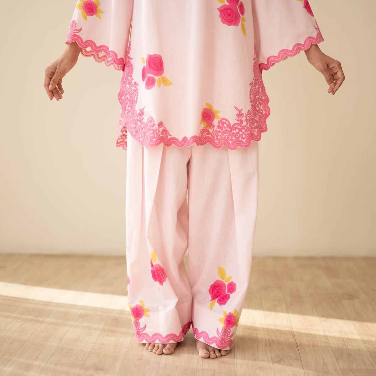 Rose Embroidered Linen Cotton Farshi Coord Set - Soft Pink