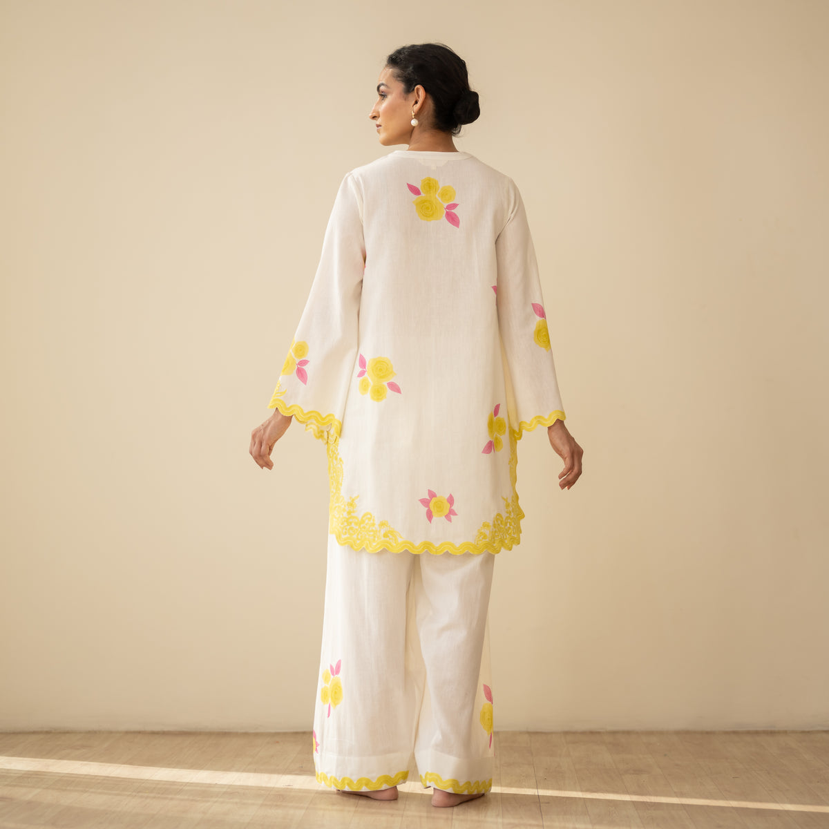 Rose Embroidered Linen Cotton Farshi Coord Set - Mango Bite