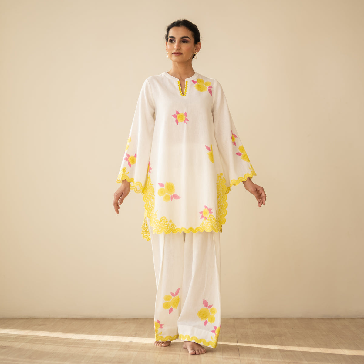 Rose Embroidered Linen Cotton Farshi Coord Set - Mango Bite