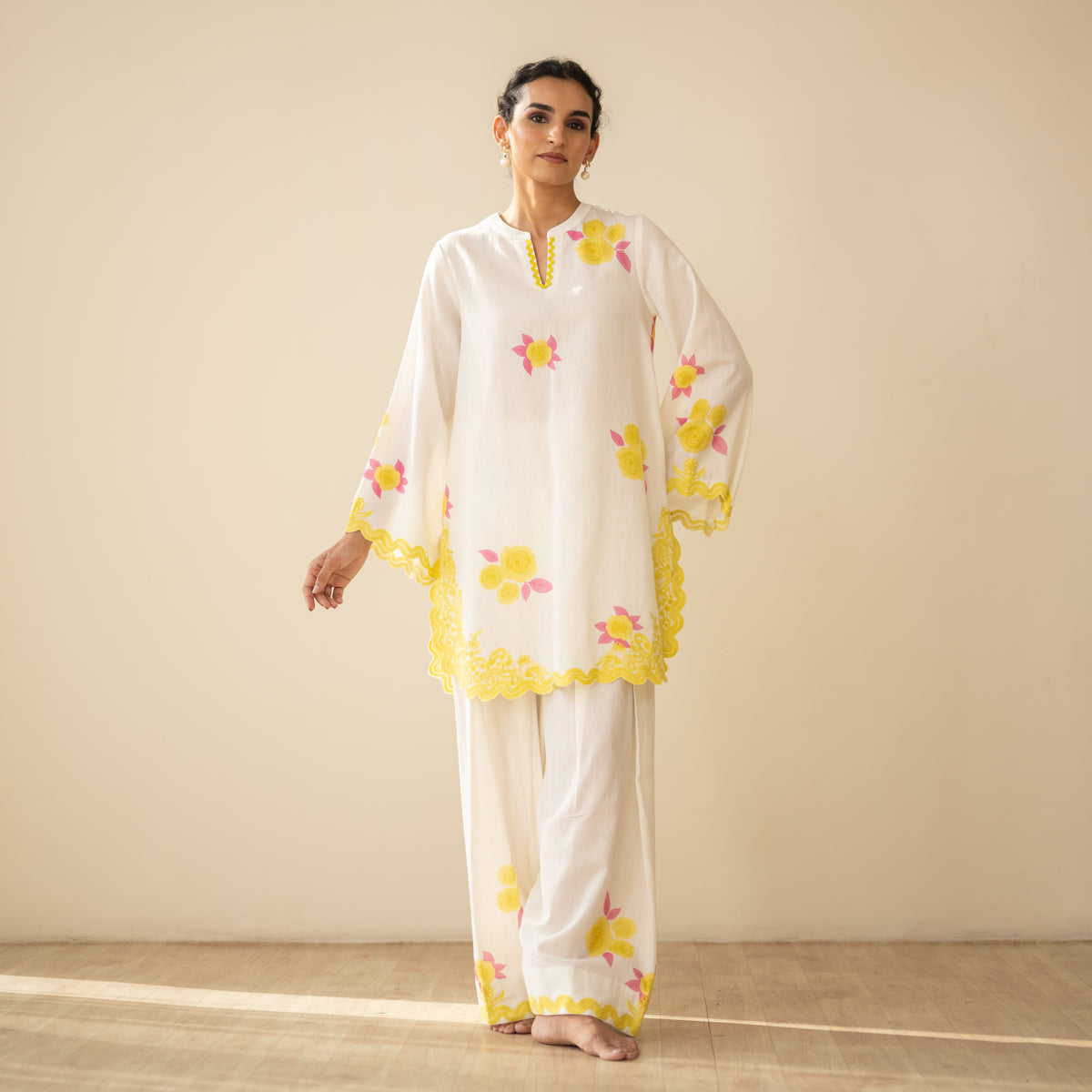 Rose Embroidered Linen Cotton Farshi Coord Set - Mango Bite