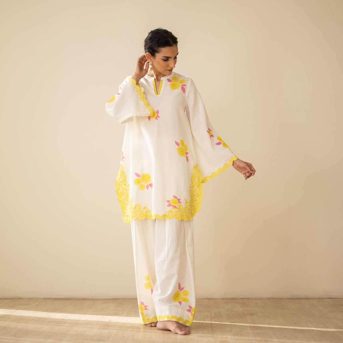 Rose Embroidered Linen Cotton Farshi Coord Set - Mango Bite