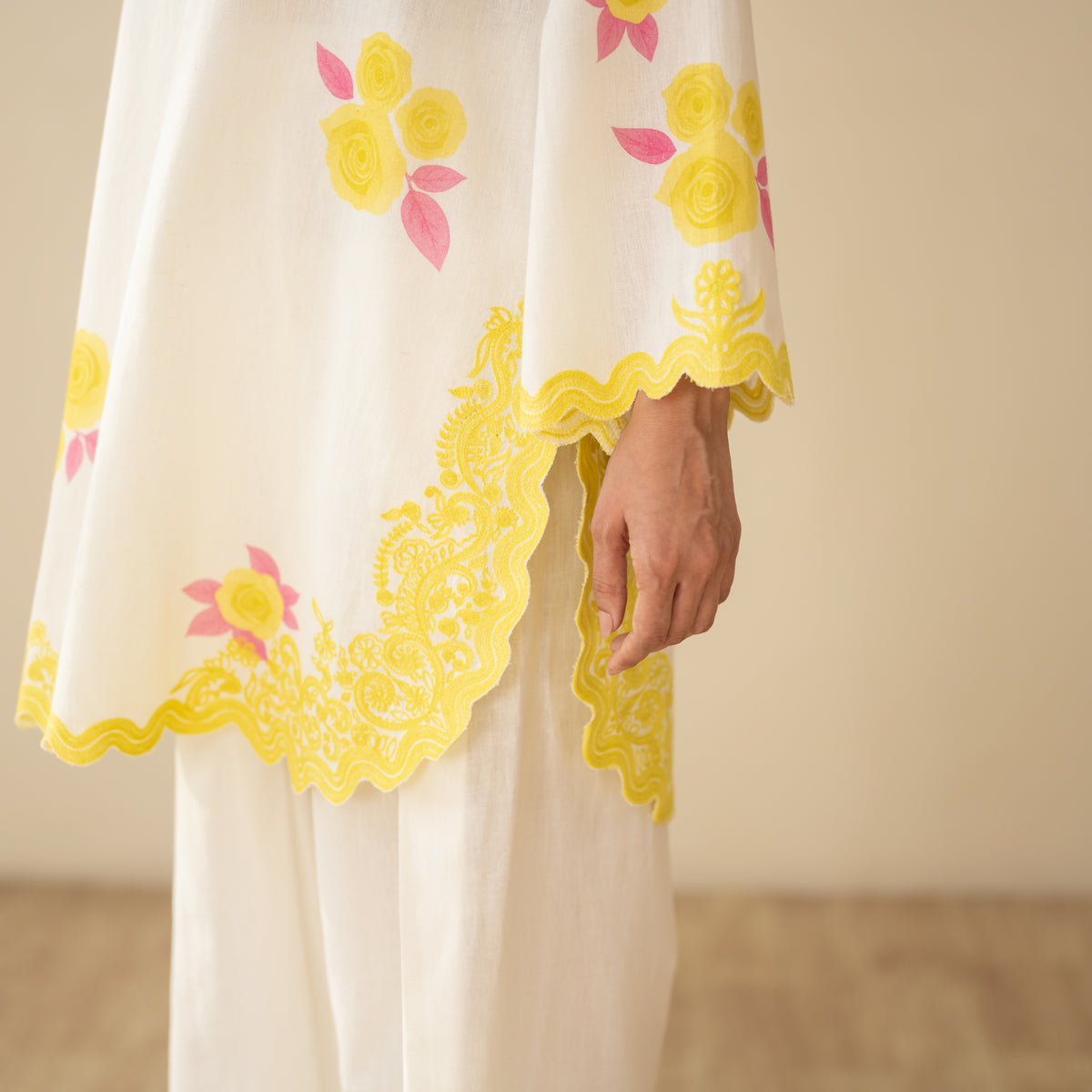 Rose Embroidered Linen Cotton Farshi Coord Set - Mango Bite