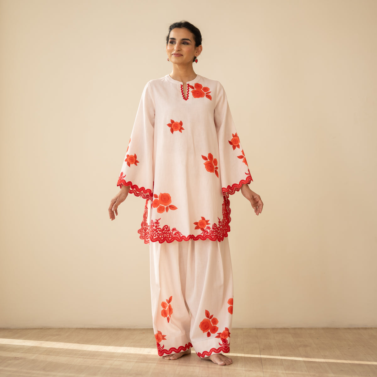 Rose Embroidered Linen Cotton Farshi Coord Set - Sindoori Laal