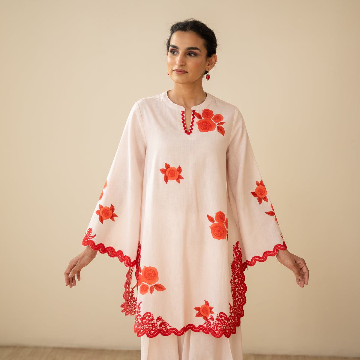 Rose Embroidered Linen Cotton Farshi Coord Set - Sindoori Laal