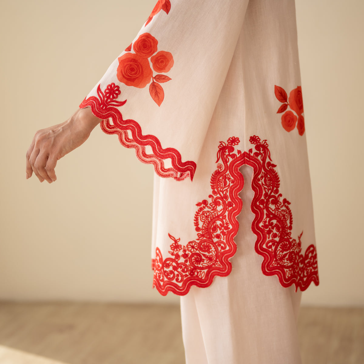 Rose Embroidered Linen Cotton Farshi Coord Set - Sindoori Laal