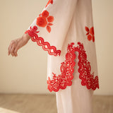 Rose Embroidered Linen Cotton Farshi Coord Set - Sindoori Laal