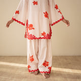 Rose Embroidered Linen Cotton Farshi Coord Set - Sindoori Laal