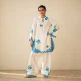 Rose Embroidered Linen Cotton Farshi Coord Set - Azure Blue