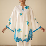 Rose Embroidered Linen Cotton Farshi Coord Set - Azure Blue