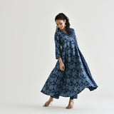 Indigo Floral Angarakha Cotton Kurta with Embroidered Neckline