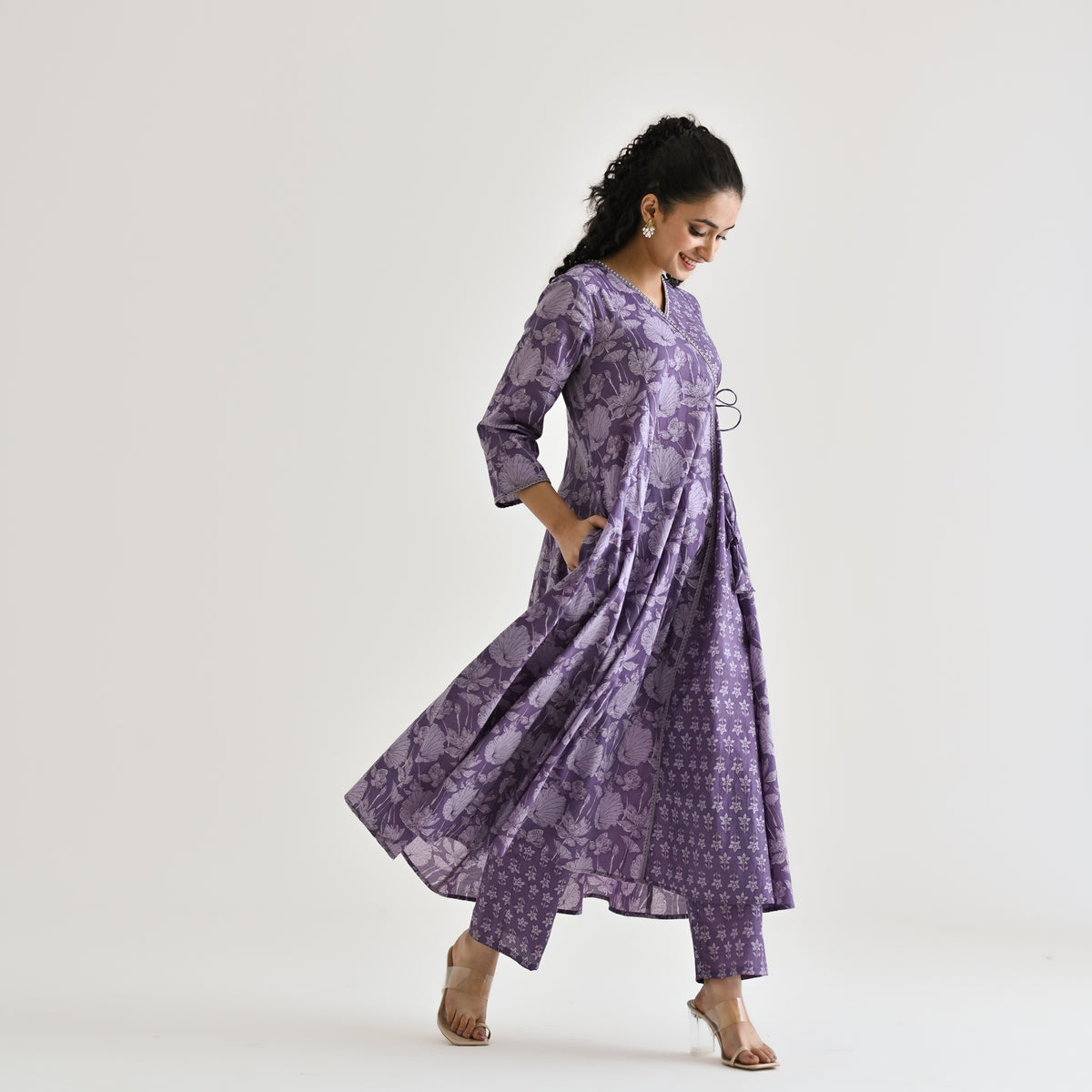 Lavender Floral Angarakha Cotton Kurta with Embroidered Neckline