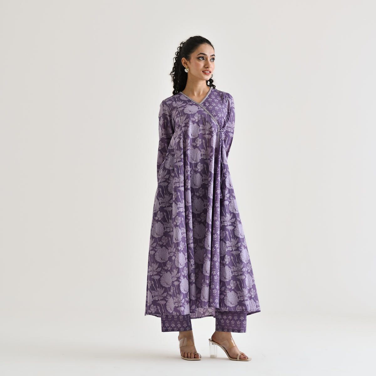 Lavender Floral Angarakha Cotton Kurta with Embroidered Neckline