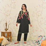 Black Woollen Aari Embroidered Kurta with Lace detail