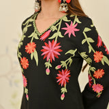 Black Woollen Aari Embroidered Kurta with Lace detail
