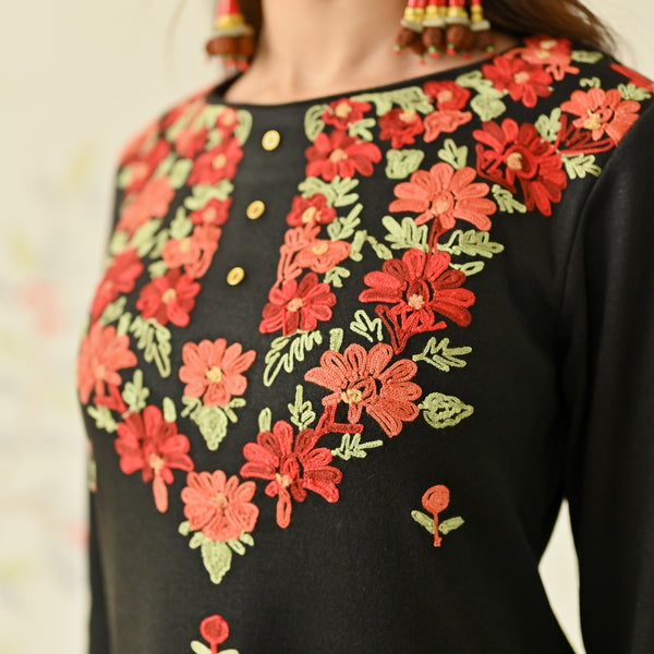 Black Woollen Aari Embroidered Floral Kurta