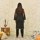 Black Woollen Aari Embroidered Kurta with Lace detail
