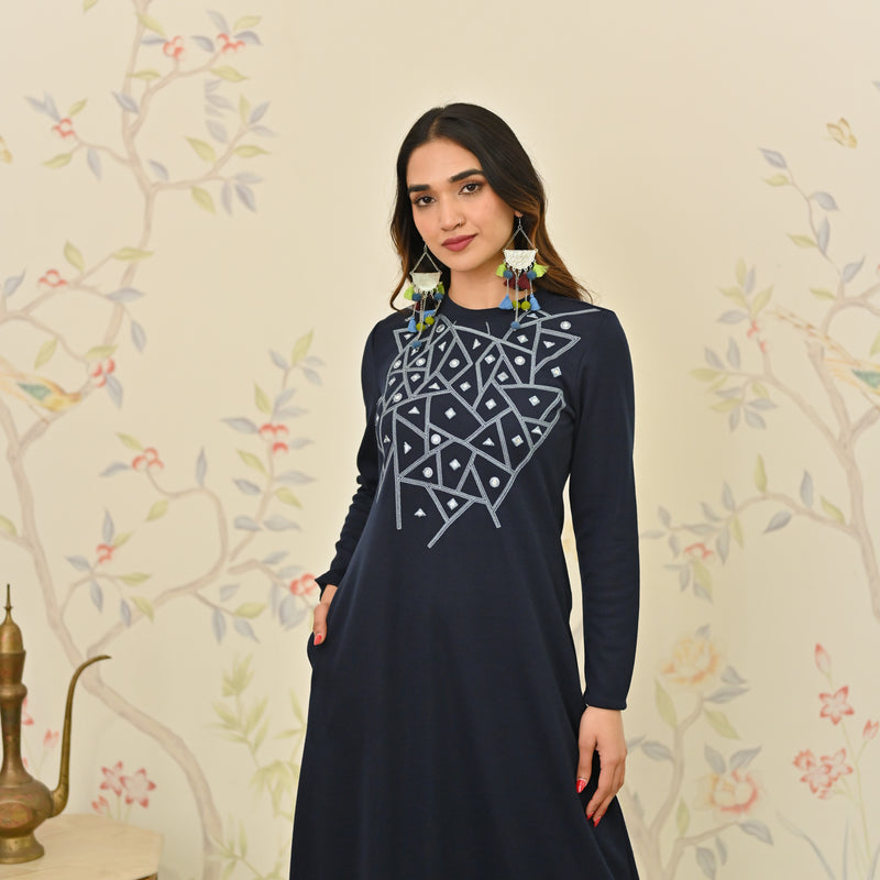 Navy Blue Aari Embroidered Geometric A-line Woollen Dress