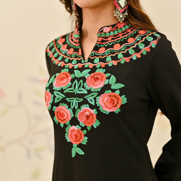 Black Woollen Aari Embroidered Floral Kurta with Band Collar