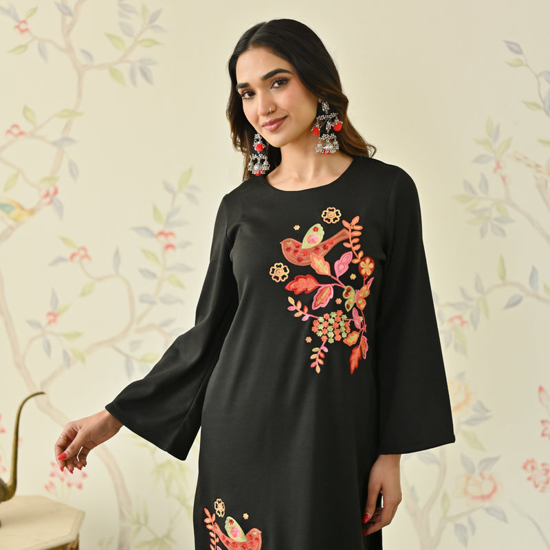 Black Woollen Aari Embroidered Floral Kurta with Flared Sleeves