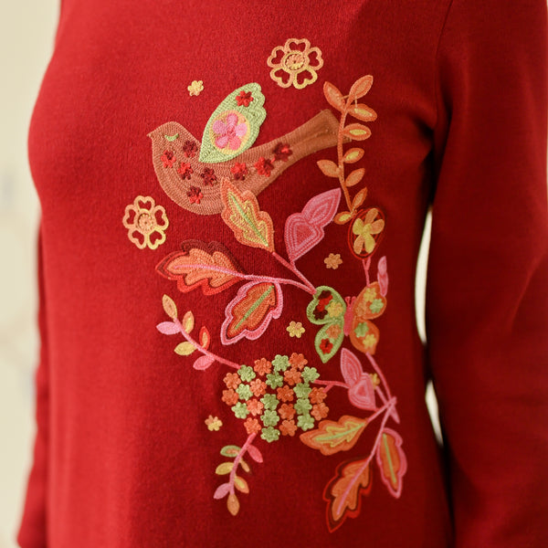 Maroon Woollen Aari Embroidered Floral Kurta with Flared Sleeves
