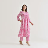 Baby Pink Sanganeri Cotton Kurta with Embroidery & Lace Details
