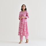 Baby Pink Sanganeri Cotton Kurta with Embroidery & Lace Details