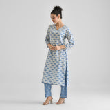 Light Blue Lotus Dabu Inspired Cotton Kurta with Notch Neckline