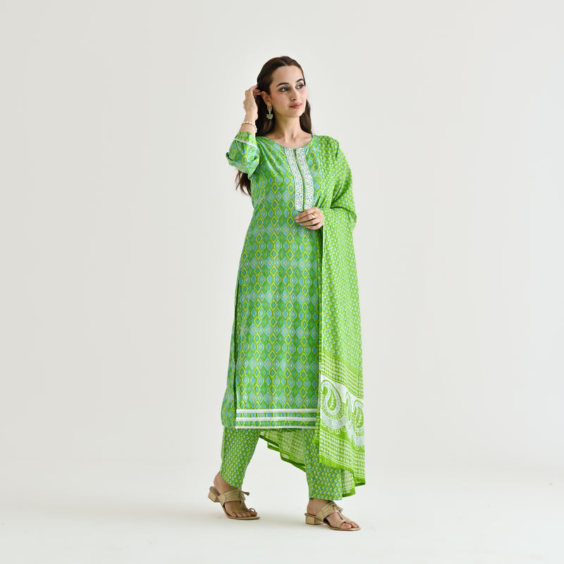 Green Ikat Inspired Cotton Kurta Pant Dupatta Set with Embroidery Detail