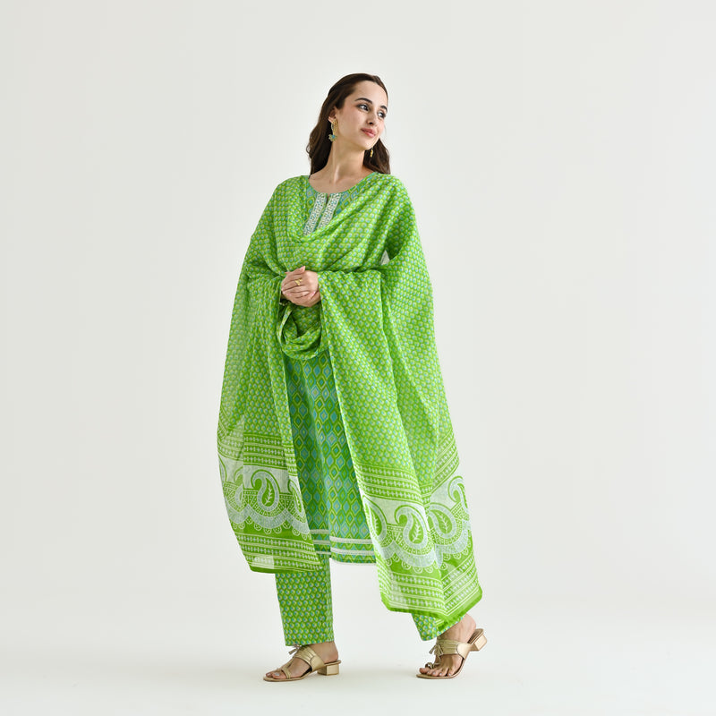 Green Ikat Inspired Cotton Kurta Pant Dupatta Set with Embroidery Detail