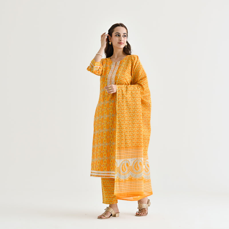 Yellow Ikat Inspired Cotton Kurta Pant Dupatta Set with Embroidery Detail