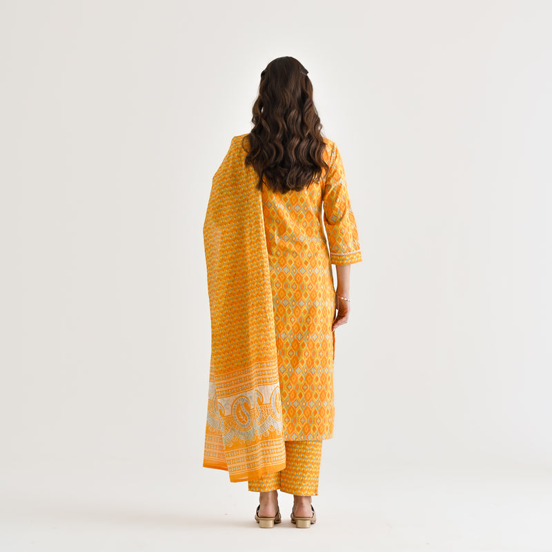 Yellow Ikat Inspired Cotton Kurta Pant Dupatta Set with Embroidery Detail