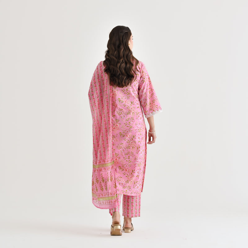 Pink Floral Printed Cotton Kurta Pant Dupatta Set with Lace Highlight